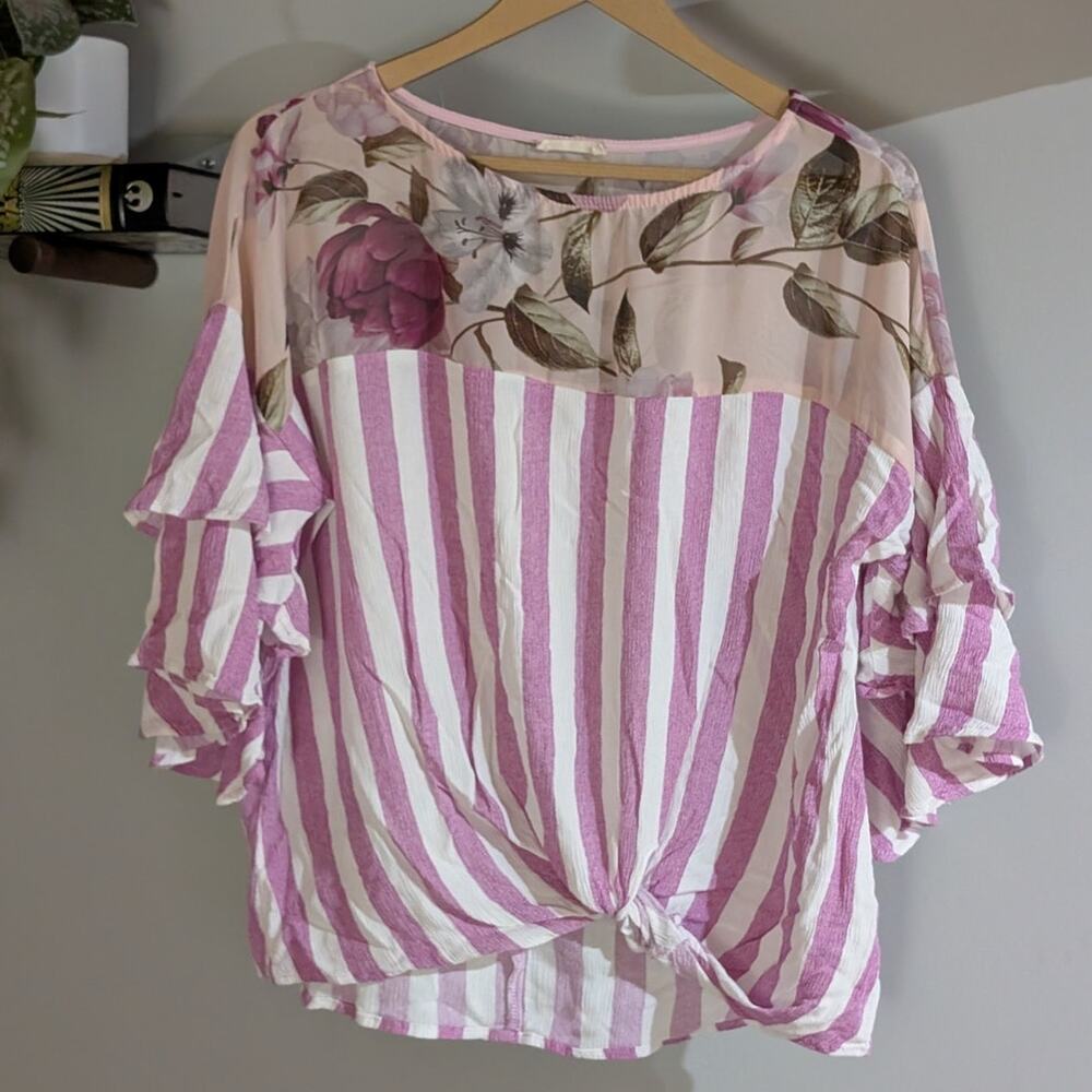 ODDI | Boho Mixed Print Floral Striped Ruffle Top | M